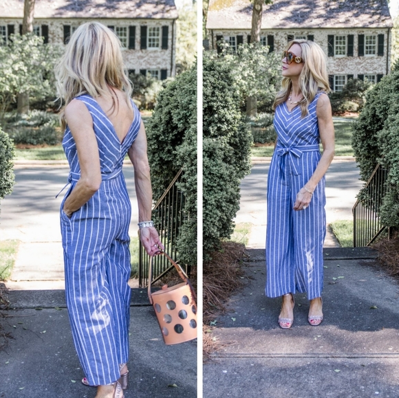 Loft Jumpsuit Belted Striped Wide Leg Jumpsuit Grey White 8 - Picture 4 of 9